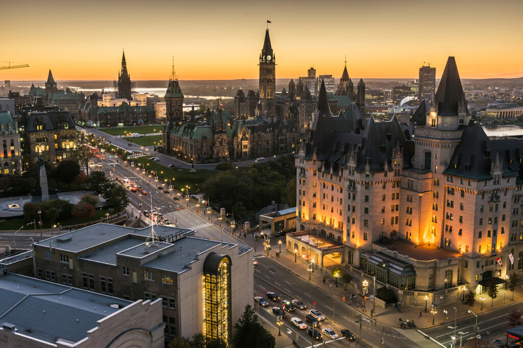 Drone photo of downtown Ottawa and Canada's Parliament buildings. Photo credit: Ottawa Tourism.