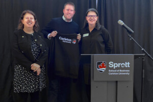 The Chartered Institute of Public Finance and Accountancy and Carleton University’s Sprott School of Business announce a new partnership that provides accelerated pathways to careers in global financial management for Sprott undergraduate accounting students. From left to right: Claire Lake, Partner, Niewe Consulting; Chris O’Neill, Head of Member Engagement and Support, CIPFA; Rebecca Renfroe, Associate Dean, Undergraduate Recruitment and Student Success, Sprott School of Business.