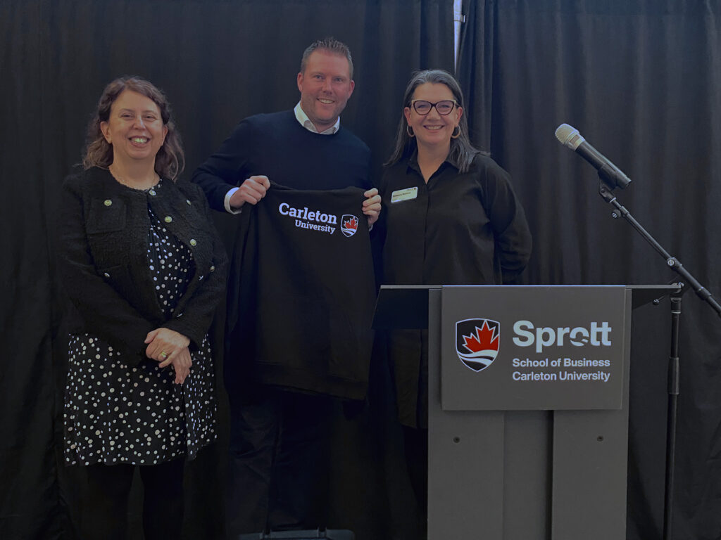 The Chartered Institute of Public Finance and Accountancy and Carleton University's Sprott School of Business announce a new partnership that provides accelerated pathways to careers in global financial management for Sprott undergraduate accounting students. From left to right: Claire Lake, Partner, Niewe Consulting; Chris O'Neill, Head of Member Engagement and Support, CIPFA; Rebecca Renfroe, Associate Dean, Undergraduate Recruitment and Student Success, Sprott School of Business.