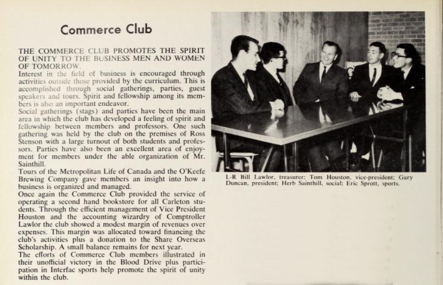 Yearbook photo of 1965 Commerce Club executive: Bill Lawlor, Tom Houston, Gary Duncan, Herb Sainthill, and Eric Sprott.