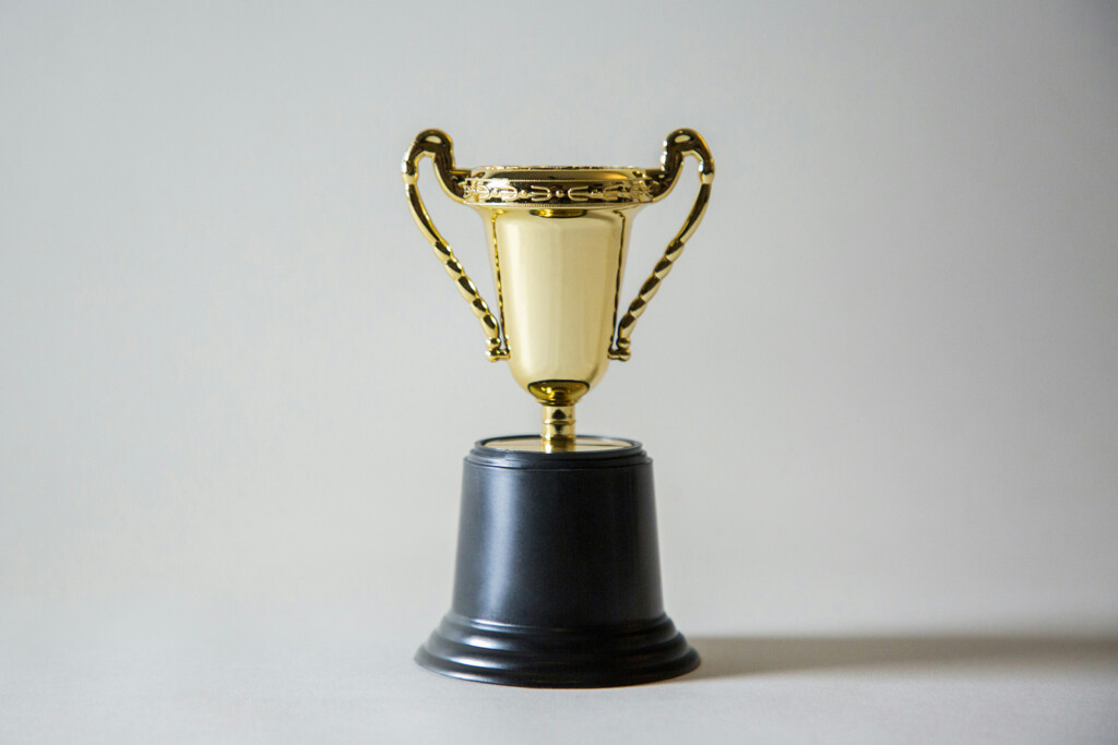 A gold and black trophy against a grey background.