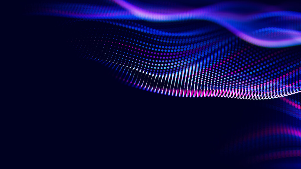 Big data set pattern of blue, purple and white waving against a dark blue background.