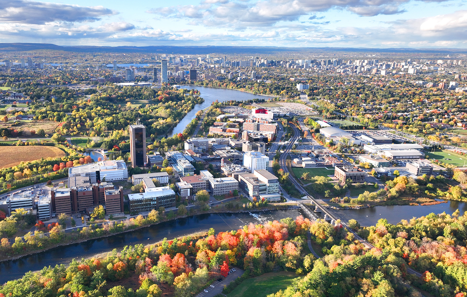 Aerial view of Carleton University campus in autumn.