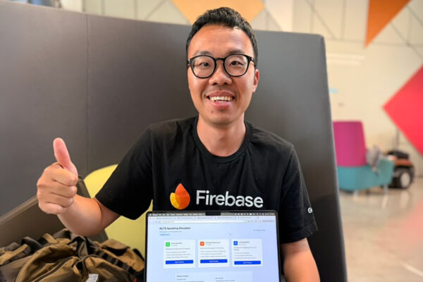 TIM grad Joe Hu displays the AI-driven language app - Joe Speaking.