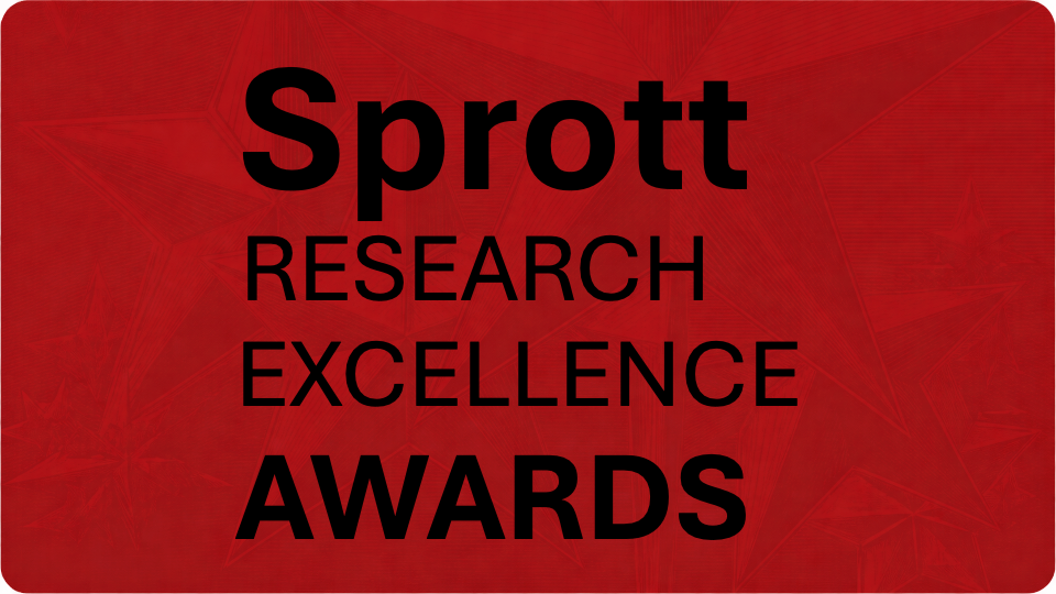 Sprott Research Excellence award award logo on red background