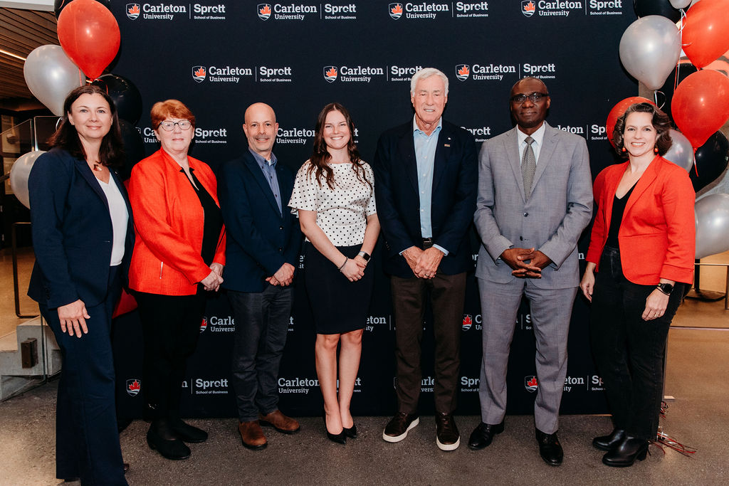 Group photo from the Sprott School's 25th Anniversary and $10M gift announcement with Eric Sprott, BCom/65.
