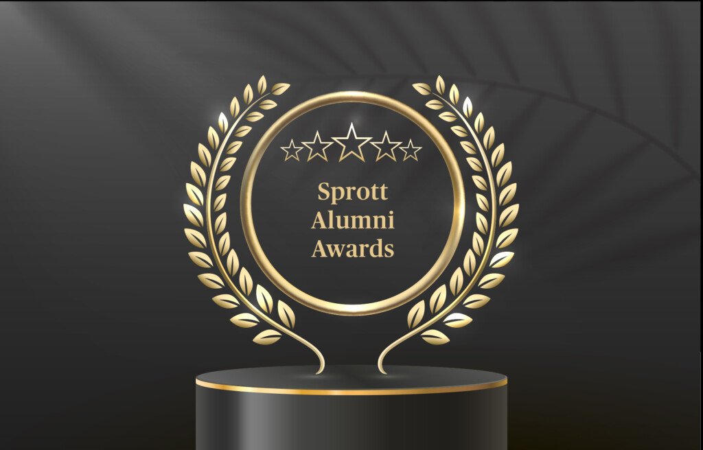 Golden trophy that says Sprott Alumni Awards set against a black background.