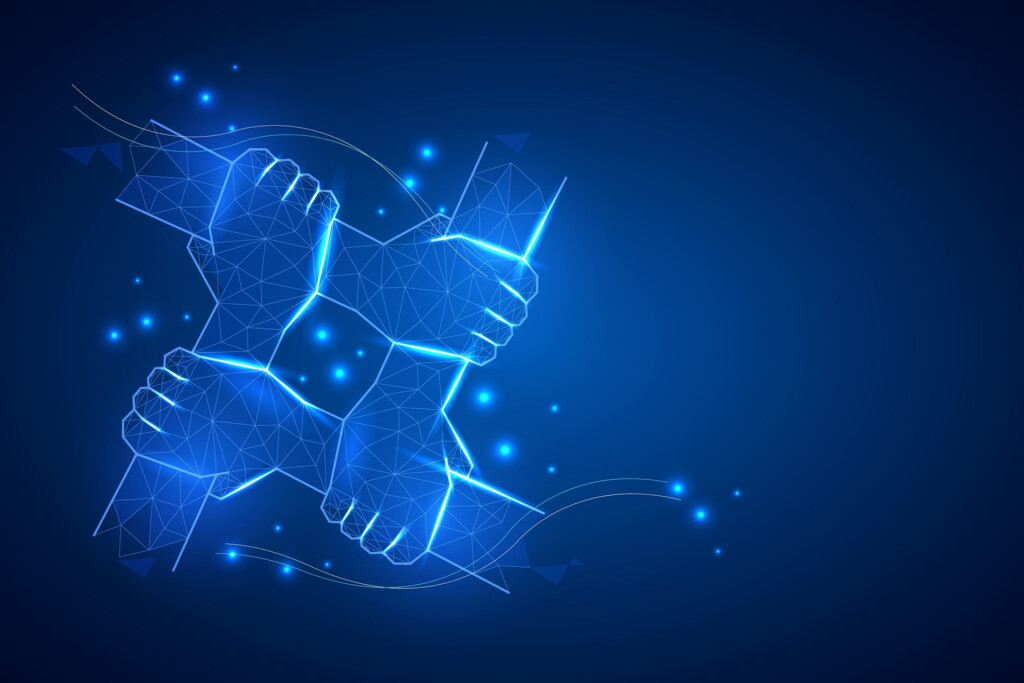 Four illuminated hand outlines overlapping in a square formation against a blue background.