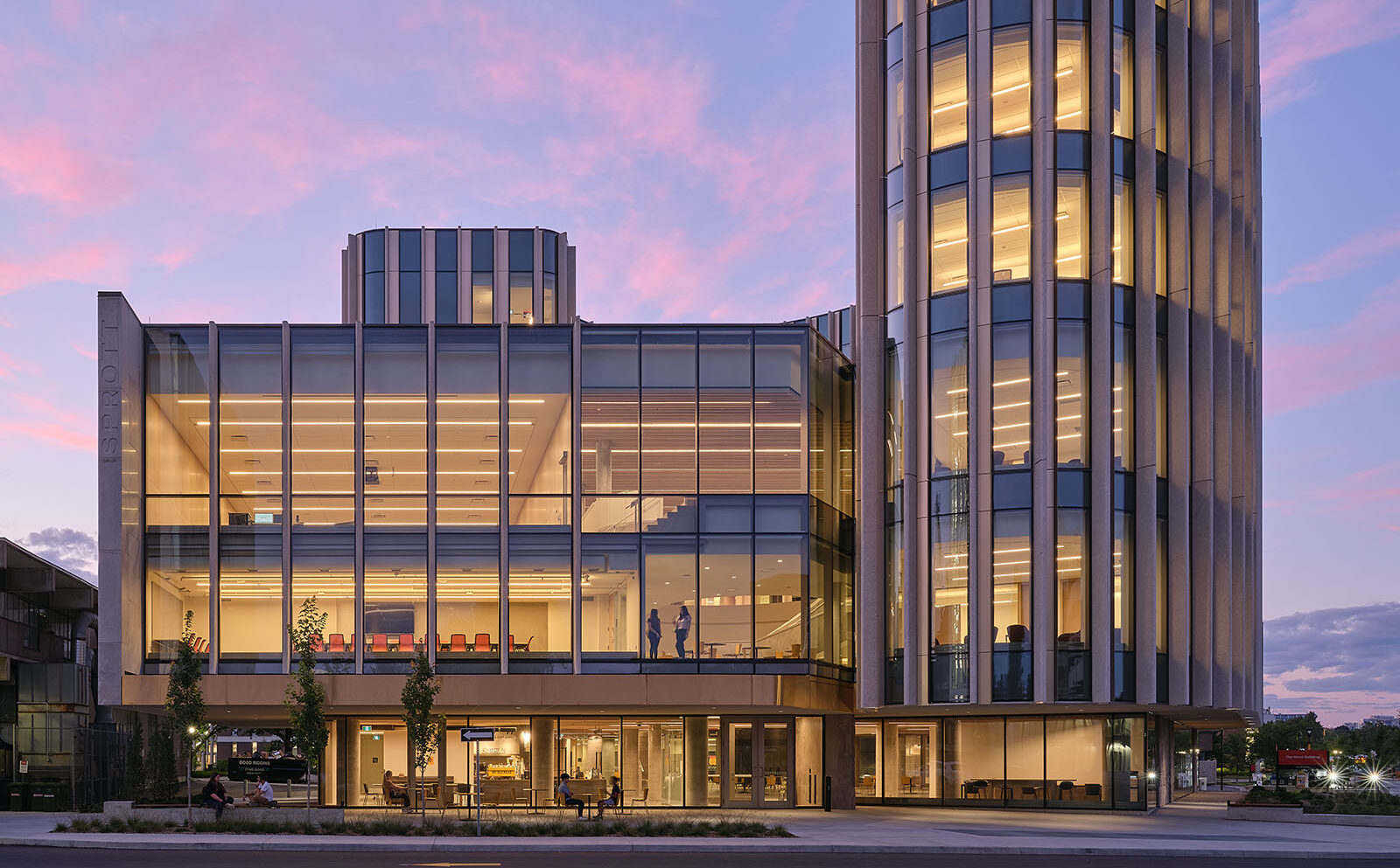 Nicol Building, home of the Sprott School of Business, exterior view at dawn.