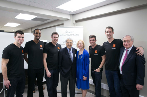 Student entrepreneur team for Props with Wes Nicol, Carleton President Roseann O'Reilly Runte, and Professor Tony Bailetti.