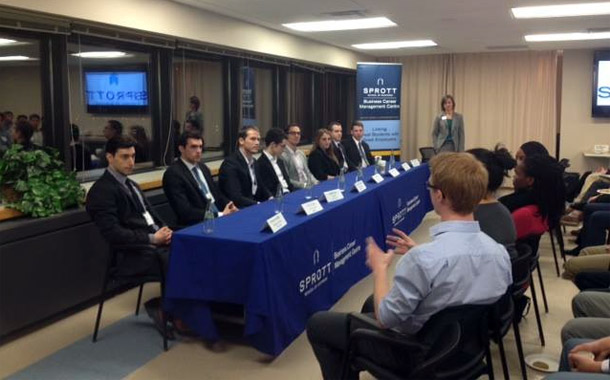 Panel of Sprott alumni speaking to Sprott students about careers in finance.