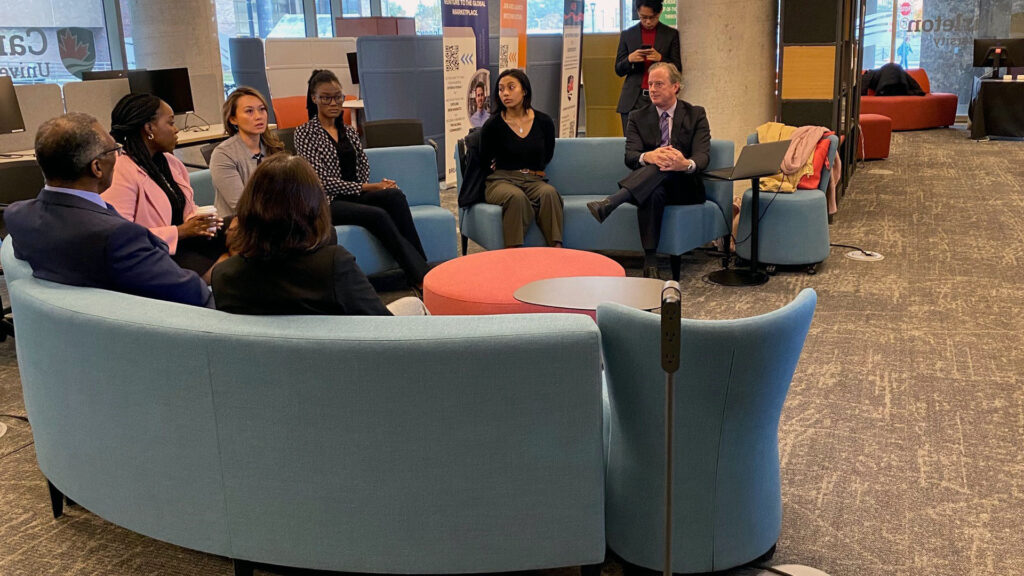 The Honorable Rechie Valdez, Minister of Small Business, and Arielle Kayabaga, Member of Parliament (London West), visit the Black Entrepreneurship Knowledge Hub at Carleton University's Sprott School of Business.