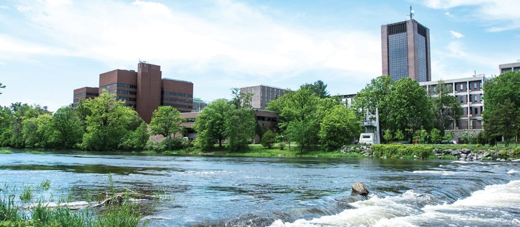 A view of campus from the river.