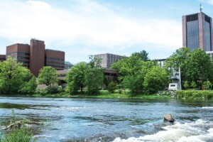 A view of campus from the river.