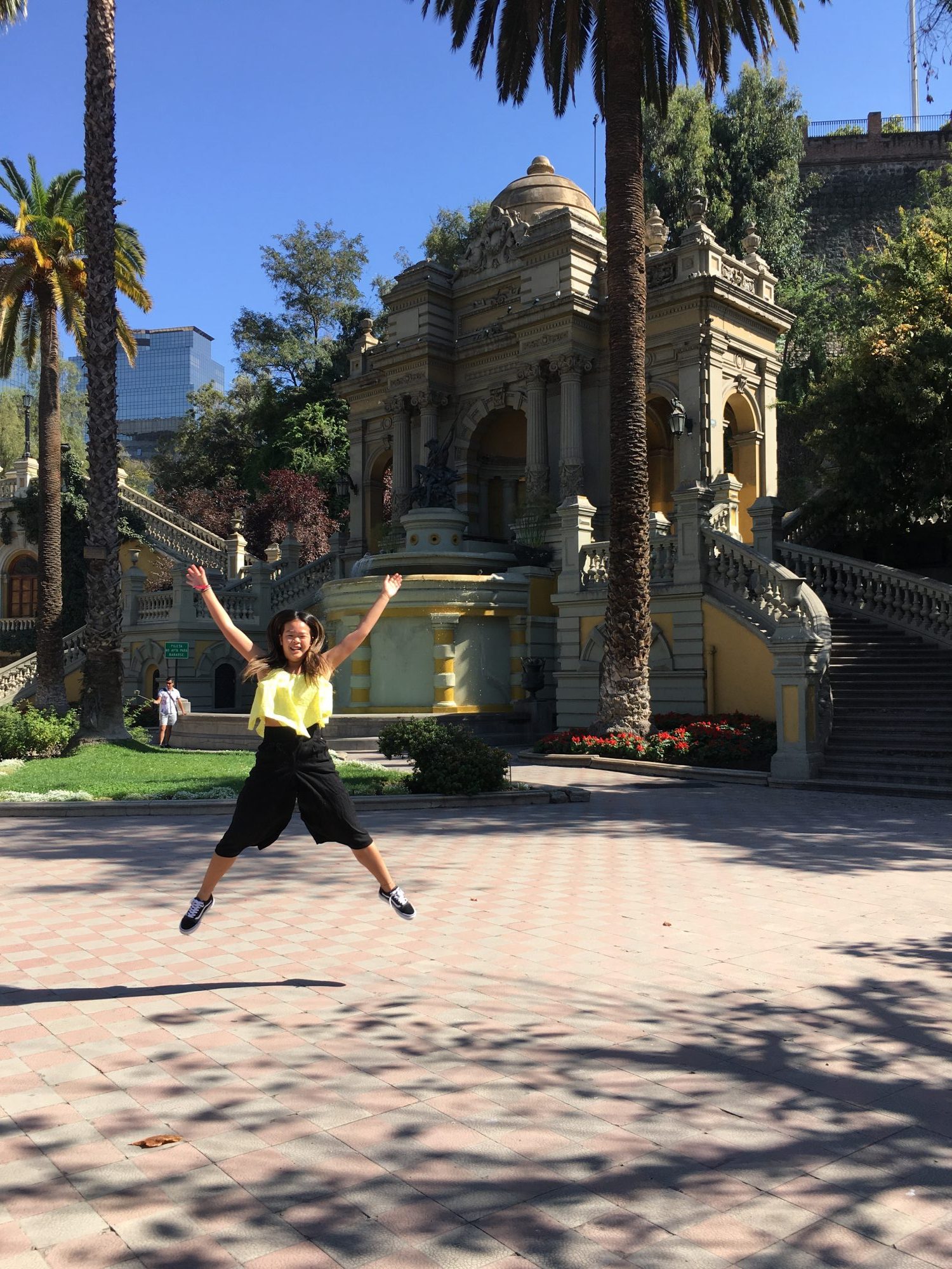 ALex jumping up in front of Cerro Santa Lucia