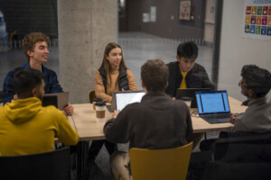 Group of students at Carleton University working in the Innovation Hub of the Nicol Building in Ottawa, Canada.