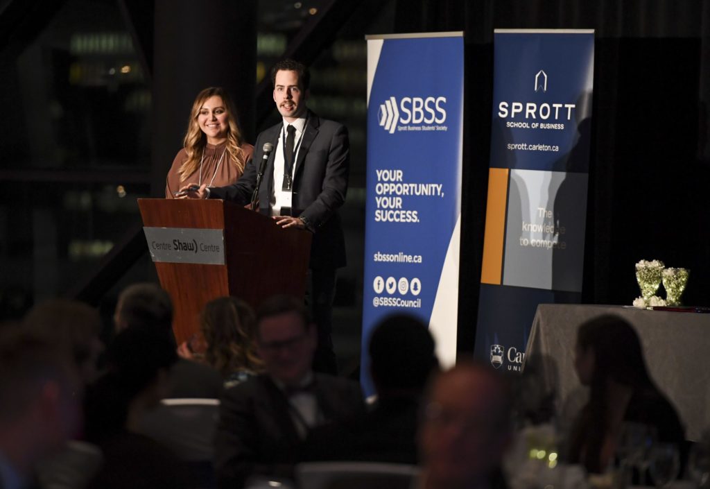 SBSS president Hanna di Virgilio and BCom alum Mark Featherstonhaugh co-chair the SBSS 50th Business Banquet.