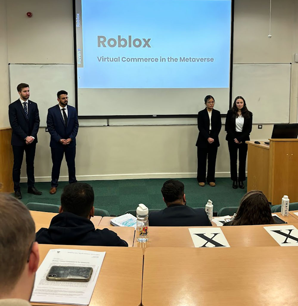 Sprott School of Business Bachelor of Commerce students Quinn Cunnane, Suvi Chhabra, Alex Pham and Nicole Gluzman presenting their case resolution for Roblox during the 2024 NIBS Worldwide Case Competition in Dublin, Ireland. 