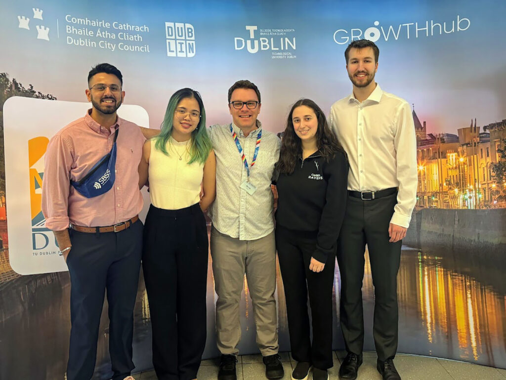 Sprott NIBS Case Competition Team (from left to right): Suvi Chhabra (BCom student), Alex Pham (BCom student), Devin Fraser (faculty coach), Nicole Gluzman (BCom student) and Quinn Cunnane (BCom student).