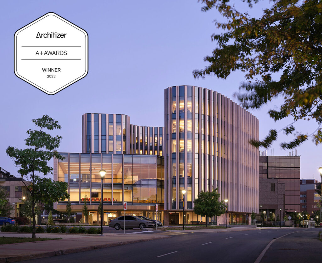 View of Nicol Building exterior and main entrance with badge overrlay that says, "Architizer A+Award Winner 2022"