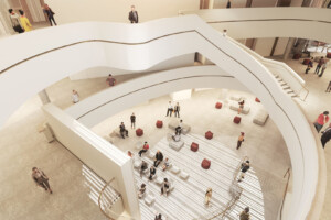 Rendering of the mezzanine level and open staircase of the Nicol Building as seen looking down from the floor above.