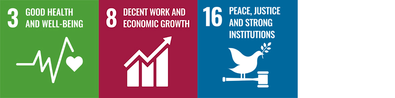 SDG icons for number 3 good health and well-being, 8 decent work and economic growth and 16 peace, justice and strong institutions. 