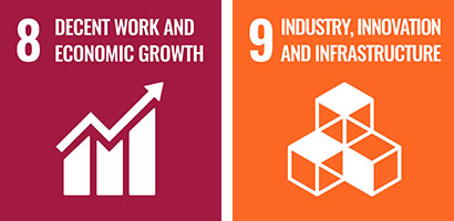 UN SDG Icon blocks: 8 Decent Work and Economic Growth. 9 Industry, Innovation and Infrastructure.