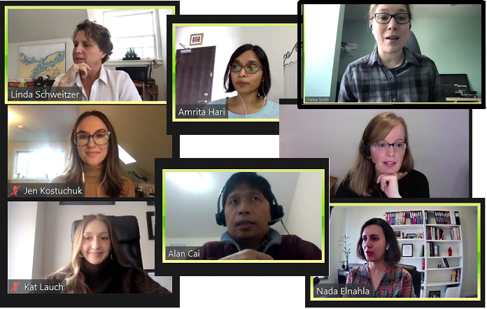 A collage of the participants: Dr. Linda Schweitzer, Jen Kostuchuk, Kat Lauch, Amrita Hari, Alan Cai, Chelsea Smith, Nada Elnahla