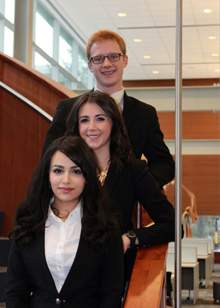 Group photo of Sprott students Lena ElChama, Laura O'Reilly, and Richard Coffin.