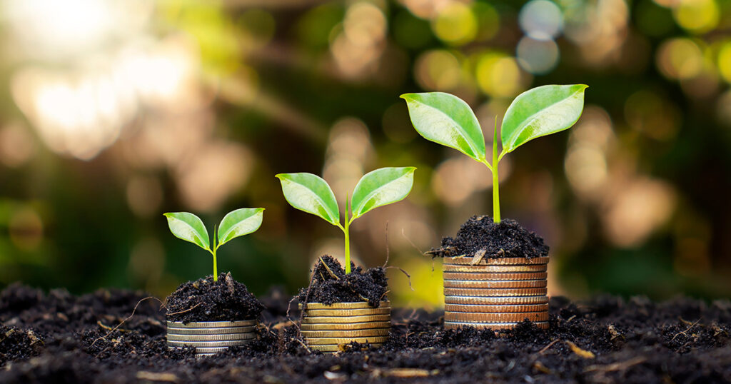 growing stacks of coins with plants coming out the top, in nature