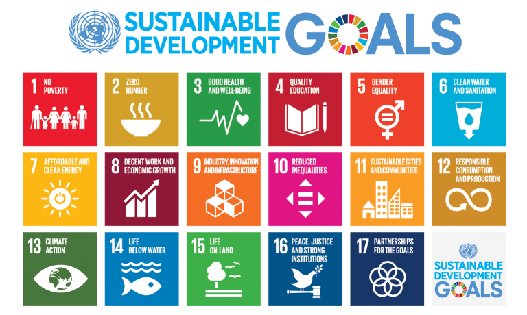 A chart listing the 17 UN Sustainable Development Goals: No Poverty, Zero Hunger, Good Health and Well-Being, Quality Education, Gender Equality, Clean Water and Sanitation, Affordable and Clean Energy, Decent Work and Economic Growth, Industry Innovation and Infrastructure, Reduced Inequalities, Sustainable Cities and Communities, Responsible Consumption and Production, Climate Action, Life Below Water, Life on Land, Peace Justice and Strong Institutions, Partnerships for the Goals.