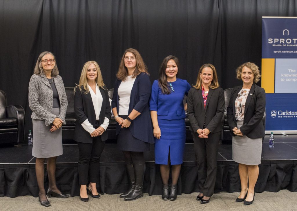 Christine Girvan, Leslie Ballard, Dimi Ntantoulis, Maral Chukhalkhuu, Hope Celani and Sprott Dean Linda Schweitzer 