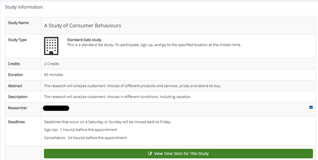 screenshot of a study profile and a link to time slots at the bottom