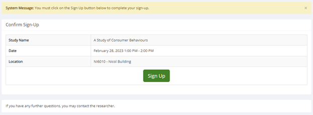 screenshot of the study name, date and time and sign up button. 