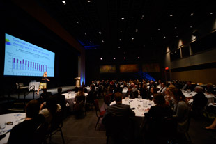 photo of Linda Duxbury delivering her presentation to a darkened theatre full of people. 