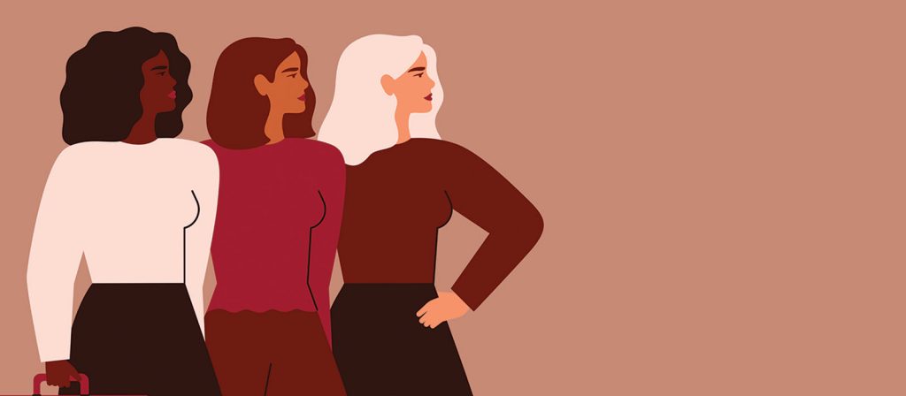 Illustration of three, culturally diverse women standing confidently and looking off to the side.