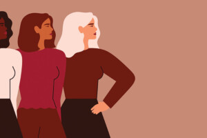 Illustration of three, culturally diverse women standing confidently and looking off to the side.